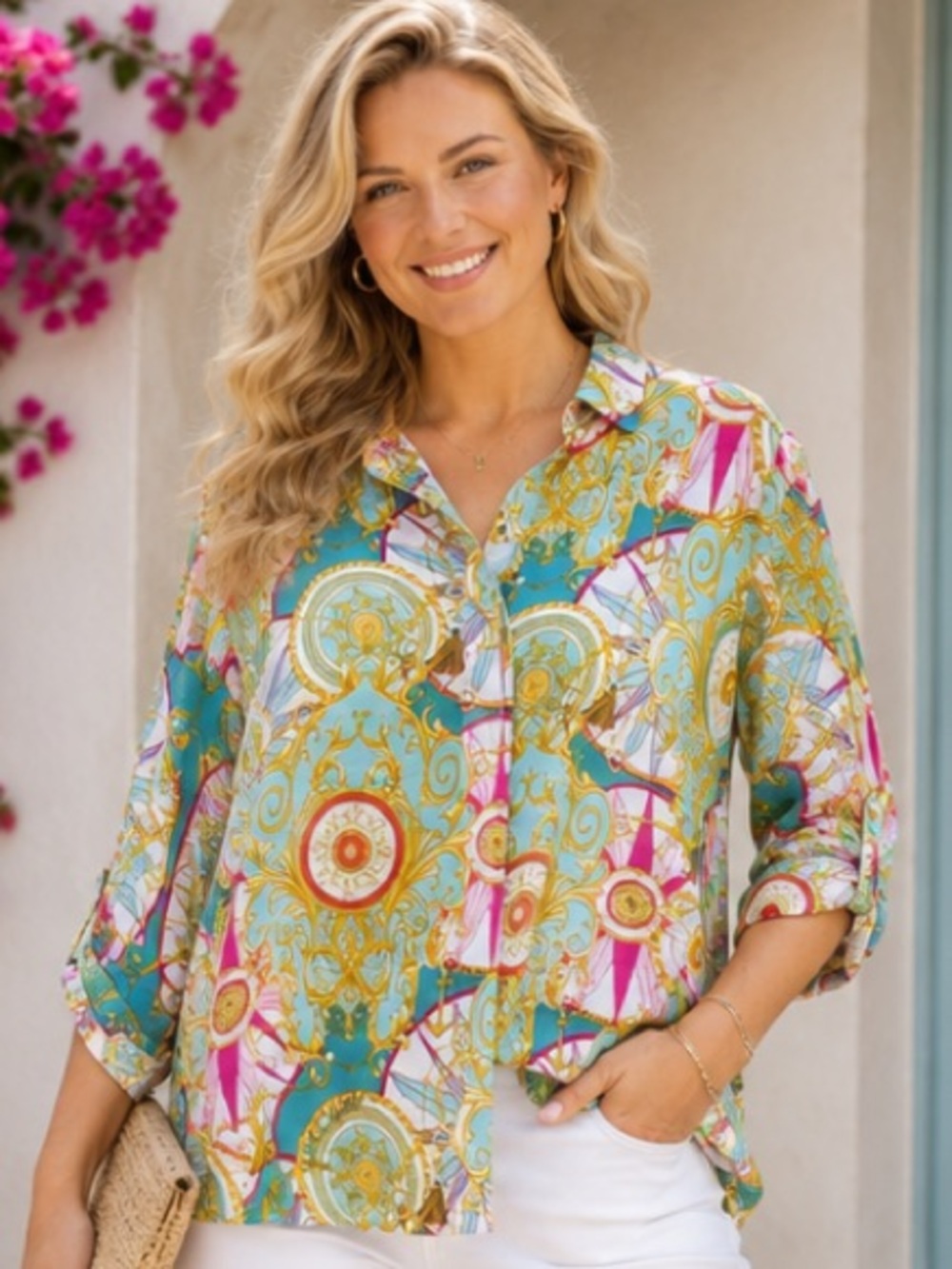Jane + Delancey Womens Medium Baroque Chain Print Blouse Roll Tab Sleeve